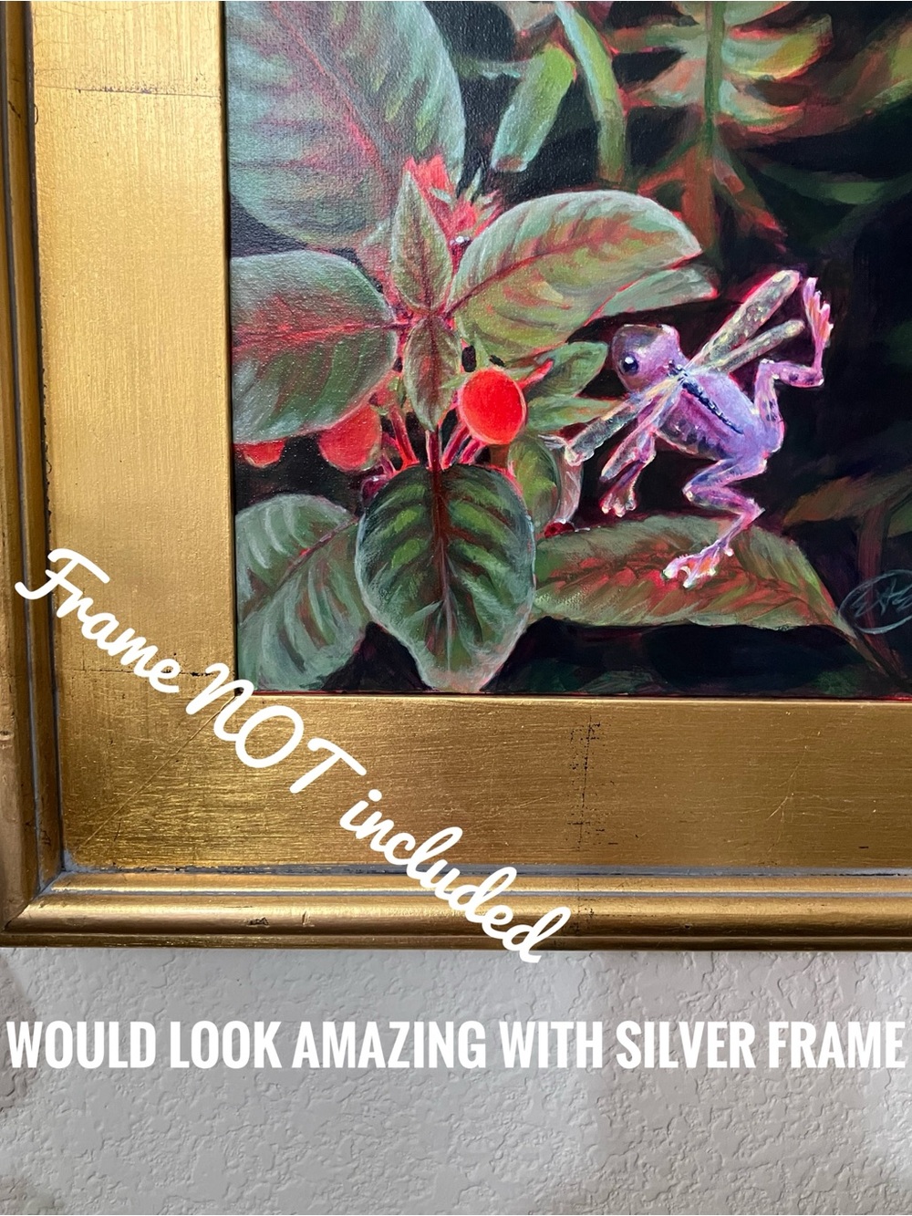 ORIGINAL frog velvet plant painting tropical floral art still life painting USA